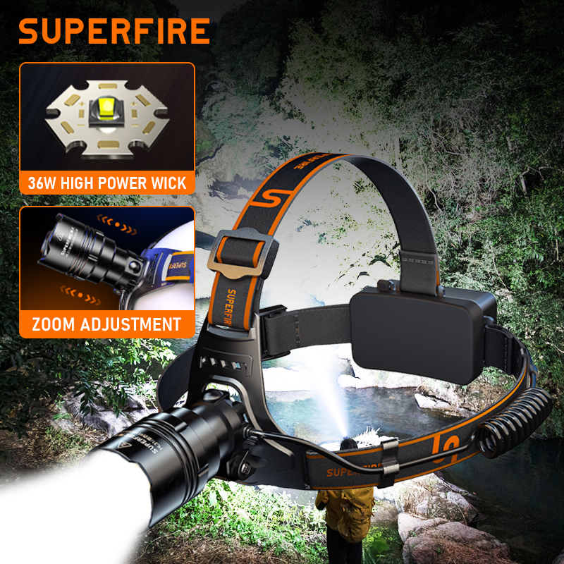 SUPERFIRE HL31 36W Powerful Headlamp Zoom USB-C Rechargeable Head Flashlight LED Headlight for Camping Head Lamp Front Lanterns