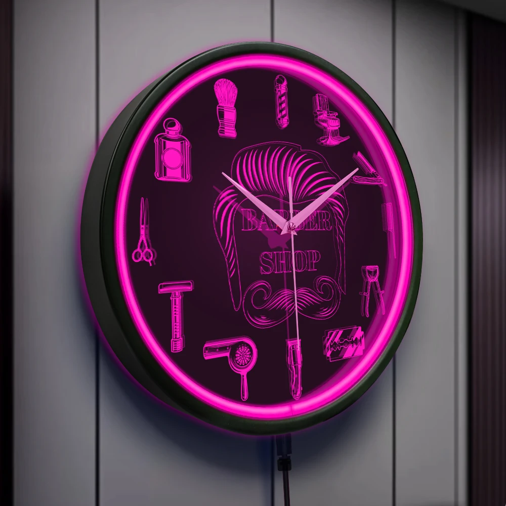 Barber Shop Red Neon Logo Metal Frame Wall Clock for Man Cave Barbering Business Sign Flexible Flex illuminated Neon Wall Clock