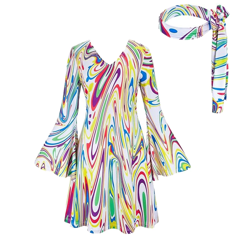 thumbnail image 5 of Vestido de discoteca de los años 70 para mujer, con diadema, escote en V, disfraz con estampado completo, vestido de fiesta de Halloween, carnaval, estilo hippie, años 60, 5 of 5
