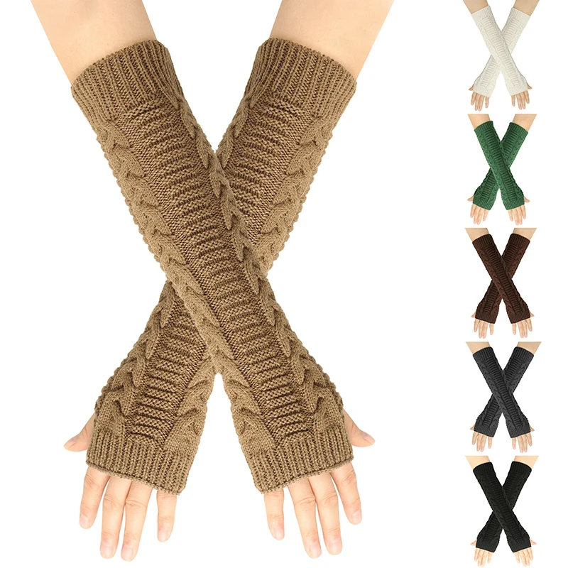 

Women Long Knitted Woolen Fingerless Gloves Autumn Winter Arm Warmers Casual Stretch Half Finger Arm Sleeves Mittens Oversleeve