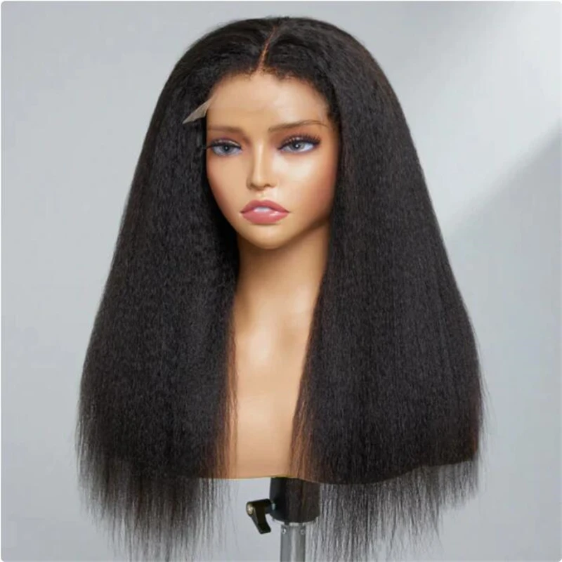 

Soft Yaki 180Density 26" Black Kinky Straight Glueless Lace Front Wig For Black Women BabyHair Heat Resistant Preplucked Daily