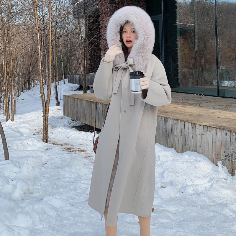2023 Autumn Winter New Handmade Sewing Reversible Cashmere Coat Women Loose Big Fox Fur Collar Hooded Casual Long Woolen Outwear