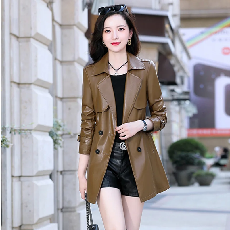 Women's Leather Windbreaker Overcoat, Long Belt, Double-Breasted Jacket, Sheepskin Coat, Female Outwear, High-End, Spring, Fall