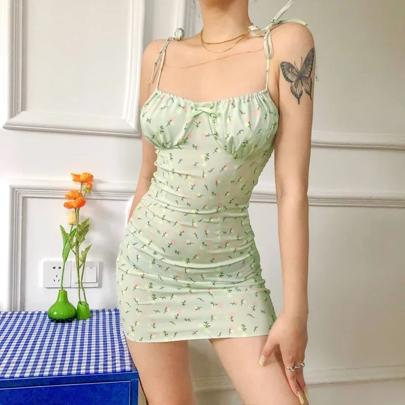 Y2k Girls Lace-up Straps Sweet Light Green Corset Mini Dress Cottagecore Little Floral Print Summer Bodycon Summer Dresses 2024