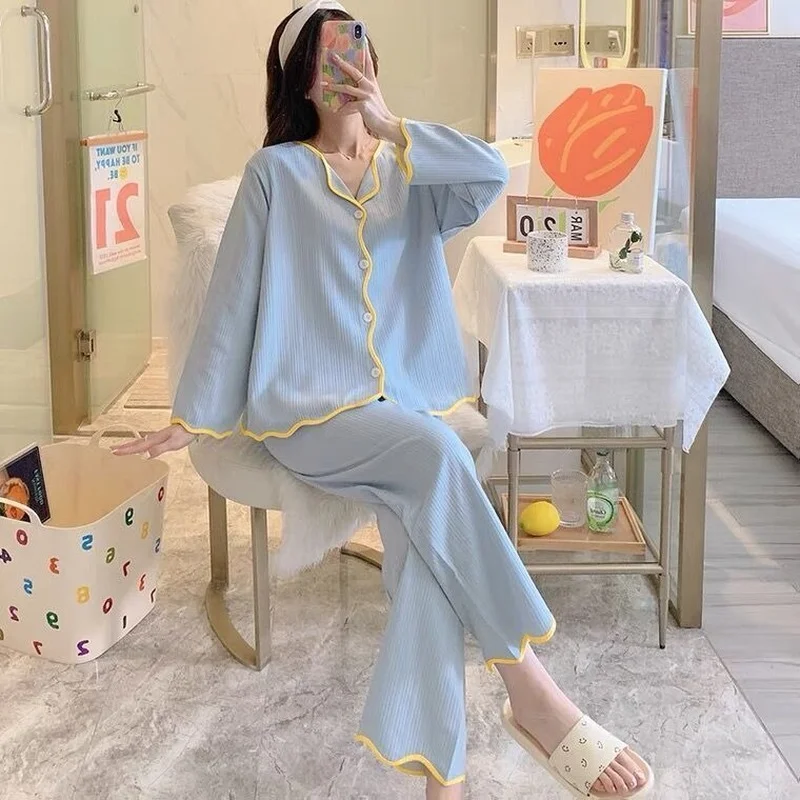 

Elegant Pajama Sets Women Simple Single Breasted Ins Hot Sale Homewear Nighty Soft Tender Harajuku Gentle Nightwear Casual E184