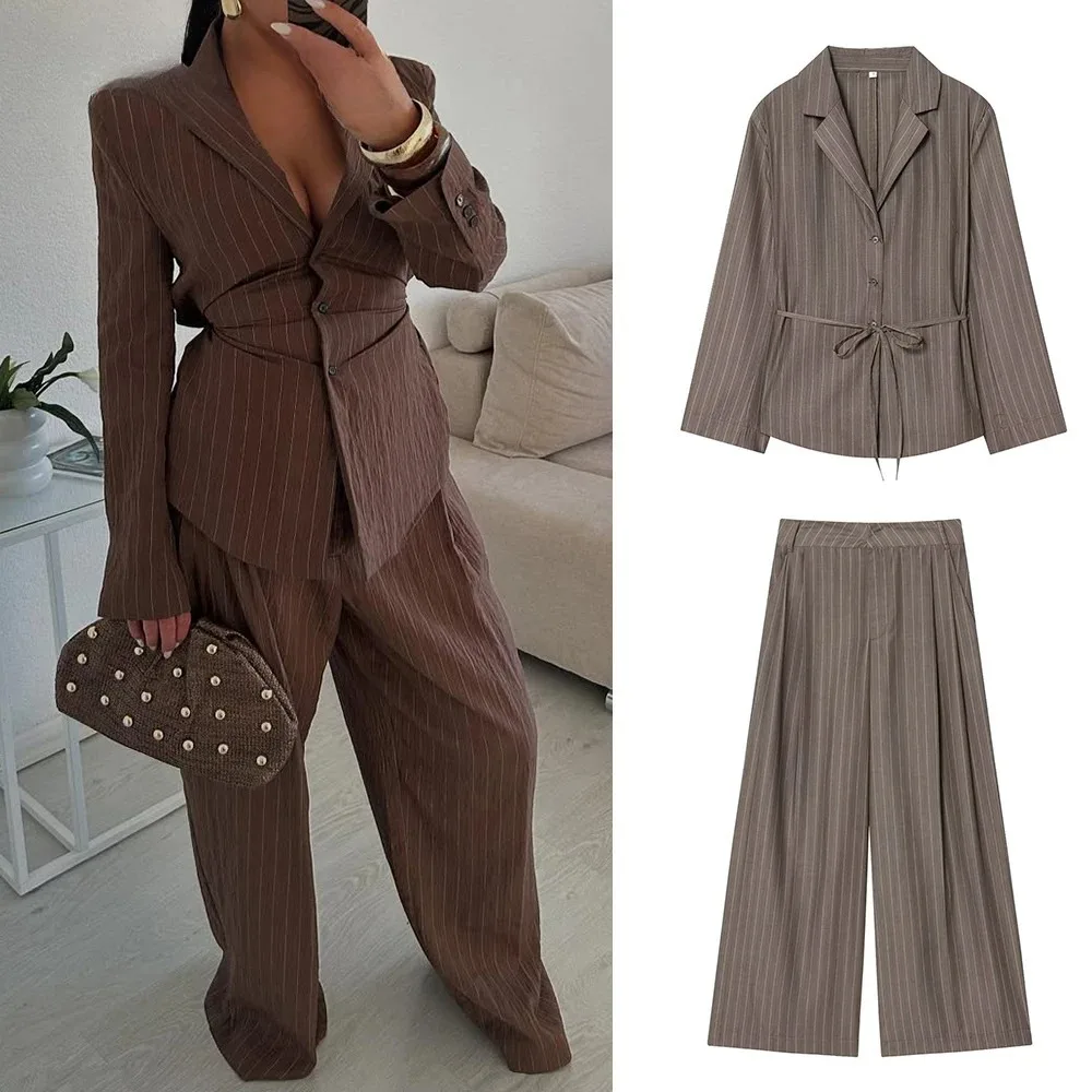 KONDALA Chic Stipe Fashion 2025 Office Lady Woman Suits Lace Button Sashes Blazer+Zipper Folds Pockets Pants Elegant Female Sets 1