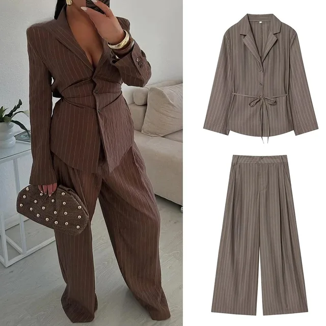 KONDALA Chic Stipe Fashion 2025 Office Lady Woman Suits Lace Button Sashes Blazer+Zipper Folds Pockets Pants Elegant Female Sets 1