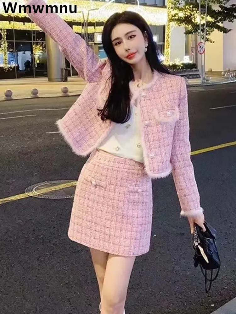 Y2k Tweed Skirt Piece Set Korean Single Breasted Wool Blend