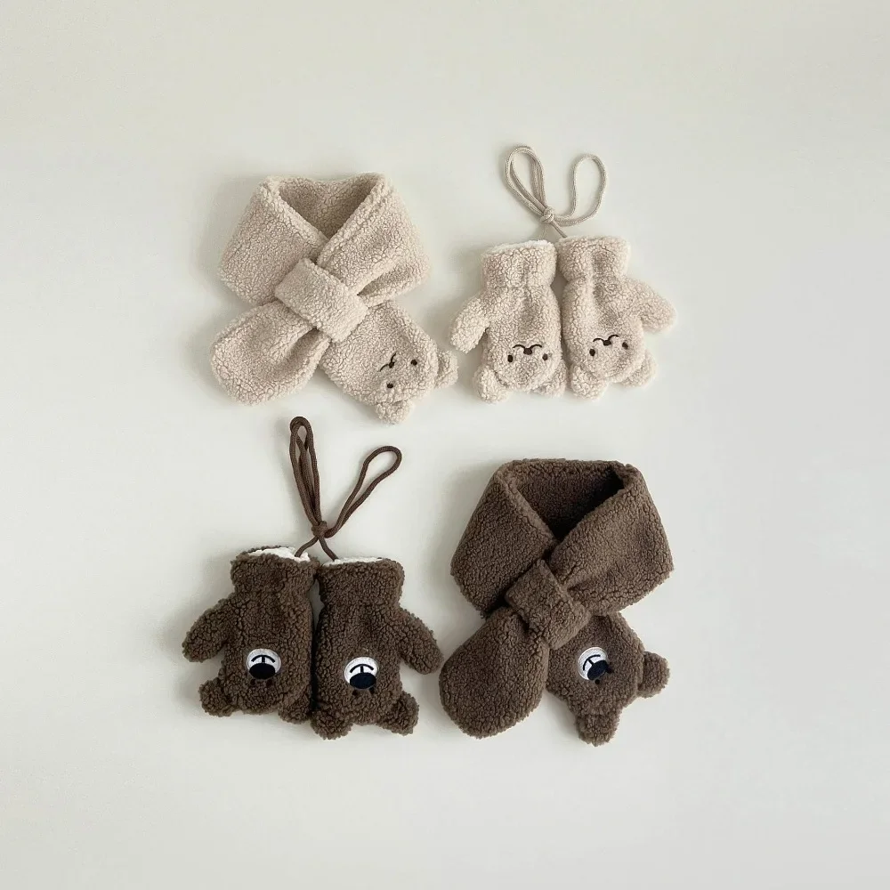 Baby Winter Scarf Gloves Set 1/2 PCS Lamb Wool Kids Scarves Mittens Suit for Girls Boys Bear Bunny Children Gloves Neck Warmer