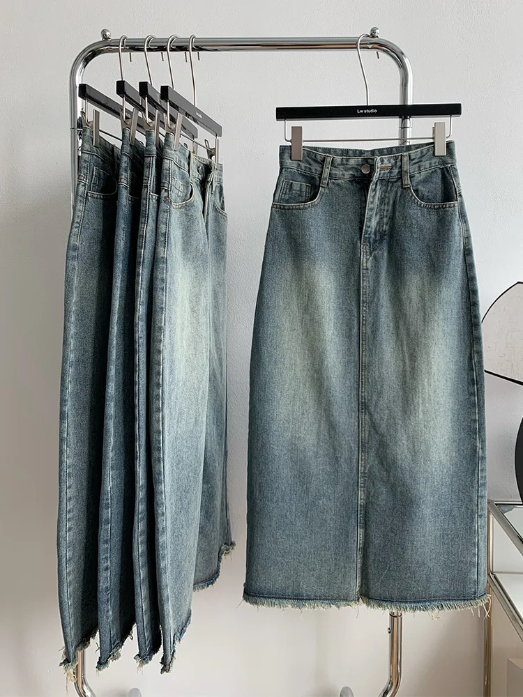 

LY VAREY LIN New Spring Autumn Denim Skirts Women Fashion High Waist A-line Long Skirt Lady Casual Vintage Slim Skirt