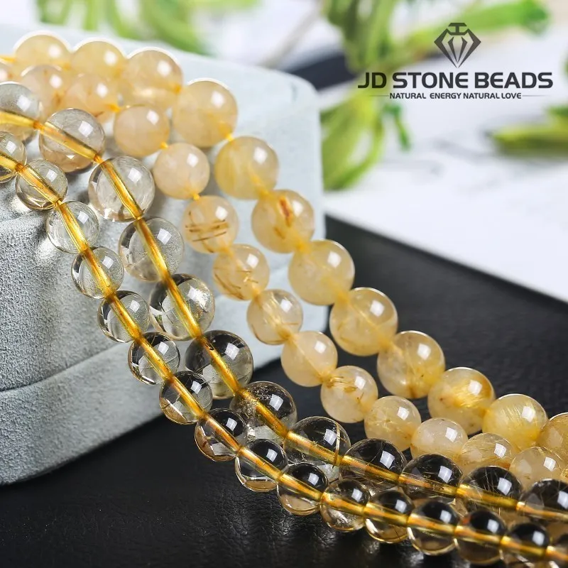 Natural Ice Gold Rutilated Quartz Yellow Hair Crystal Round Loose Spacer Reiki Beads For Jewelry Making Diy Bracelet Accessory