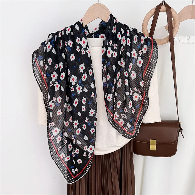 New Spanien Garten Blumen quadratische Baumwolle Viskose Schal Schal hochwertige Druck weiche Schals und Wraps Bufandas muslimischen Hijab 90*90cm – Detail 7