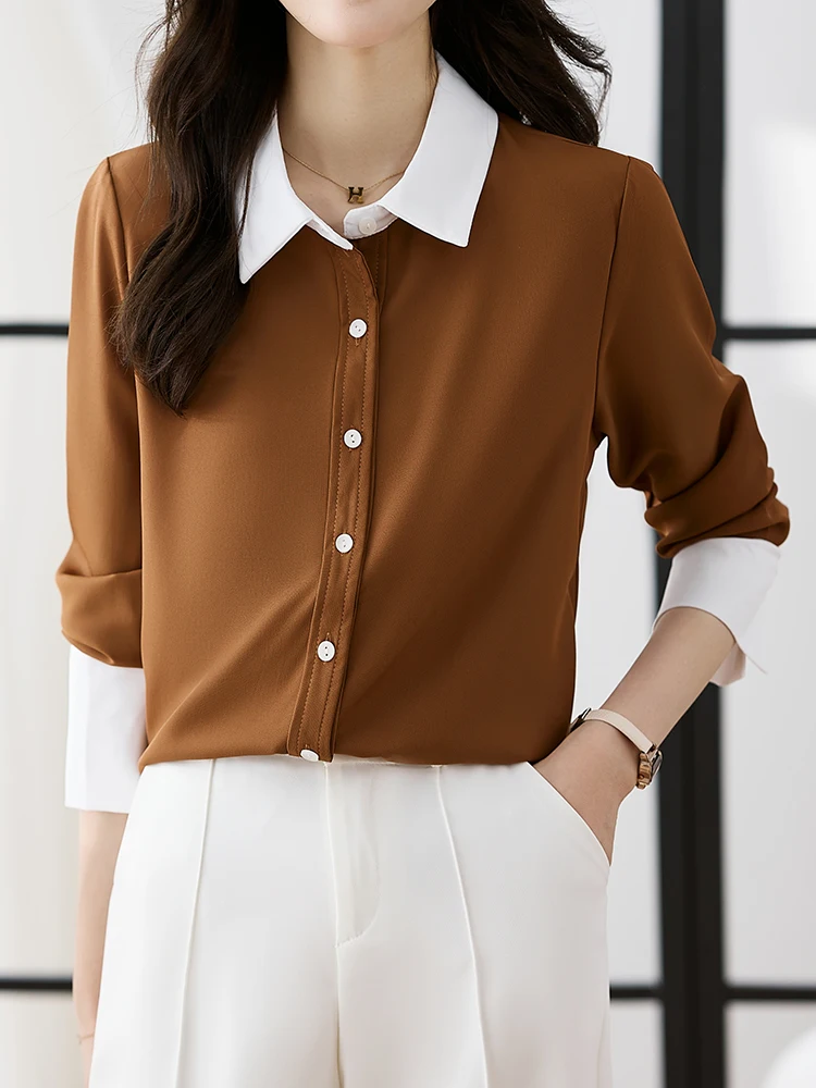 QOERLIN Patchwork Coffee Blouse Elegant Office Ladies Spring Fall 2024 New Button Up Shirt Female Long Bishop Sleeve Chiffon Top la spezia pin buckle belt for women coffee real leather belt female vintage ethnic genuine leather cowhide ladies jeans belts