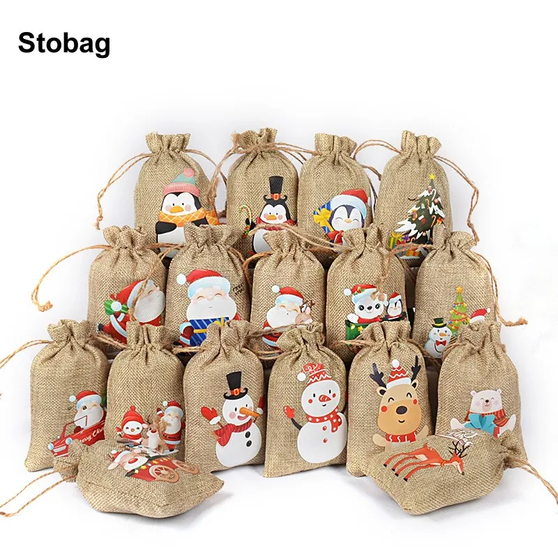 

StoBag 50pcs Merry Christmas Linen Bags Gift Candy Packaging Drawstring Small Storage Kids Child Pocket Pouches Party Favors