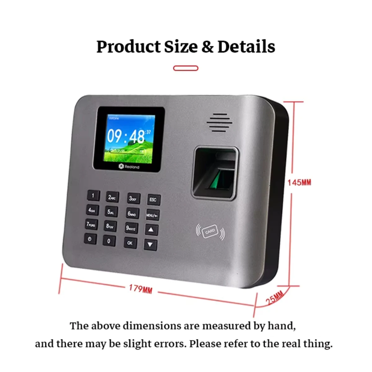 Realand A-L321 2.4인치 얼굴 지문 인식 시간 출석 기계 RFID 카드 TCP/IP/USB(배터리 포함)