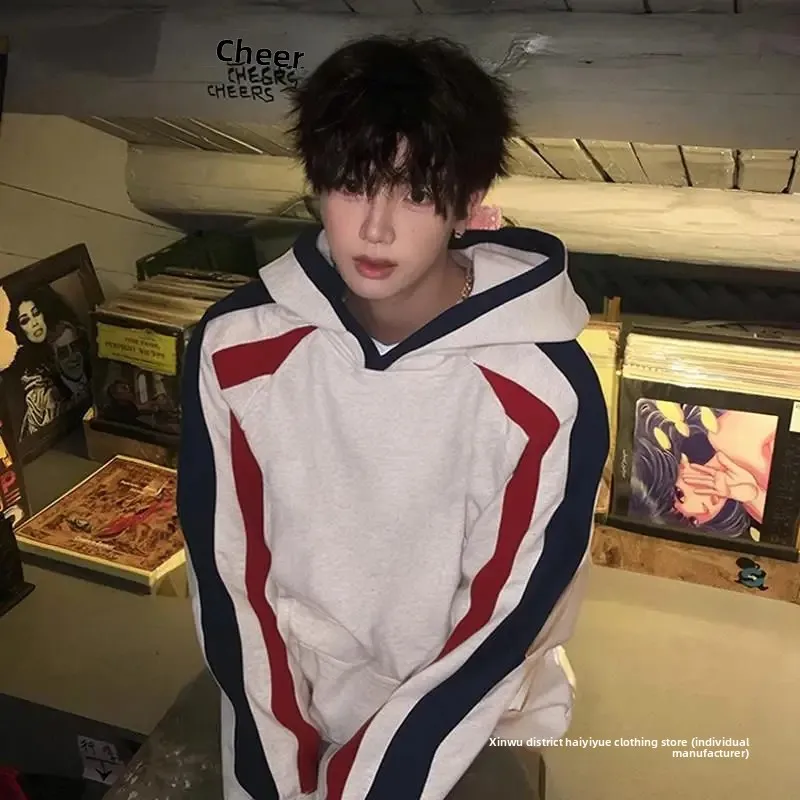 كتلة اللون هوديي البلوز الرجال فضفاضة تناسب سميكة الصوف عارضة الشارع الشهير الخريف الشتاء أزياء العلامة التجارية الملابس