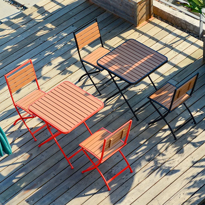 Table and Chair Set Household Modern Patio Folding Outdoor Balcony Garden Furniture Wood Iron Dining Table and Chair Combination
