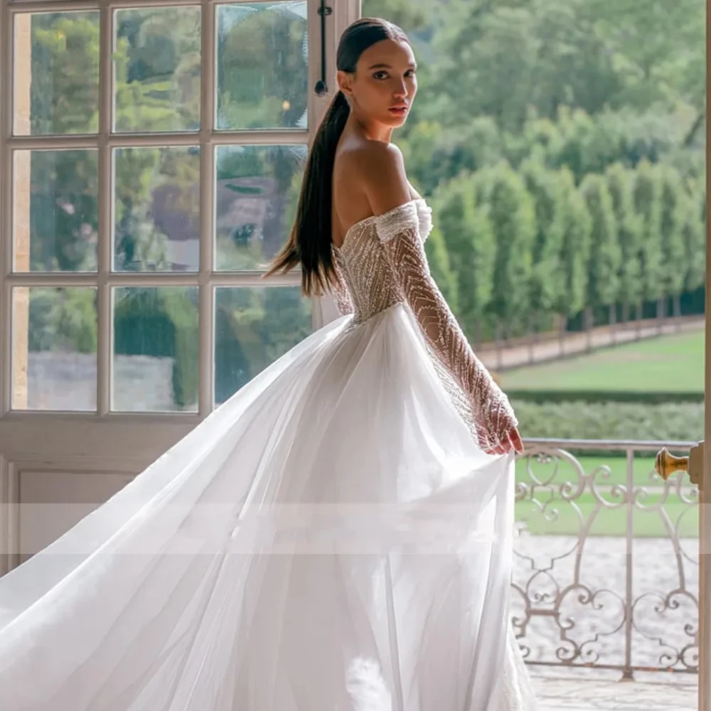 Modern Elegant Wedding Dresses Off The Shoulder Bridal Gowns With Detachable Train Lace Appliques Vestidos De Novia Customized 3