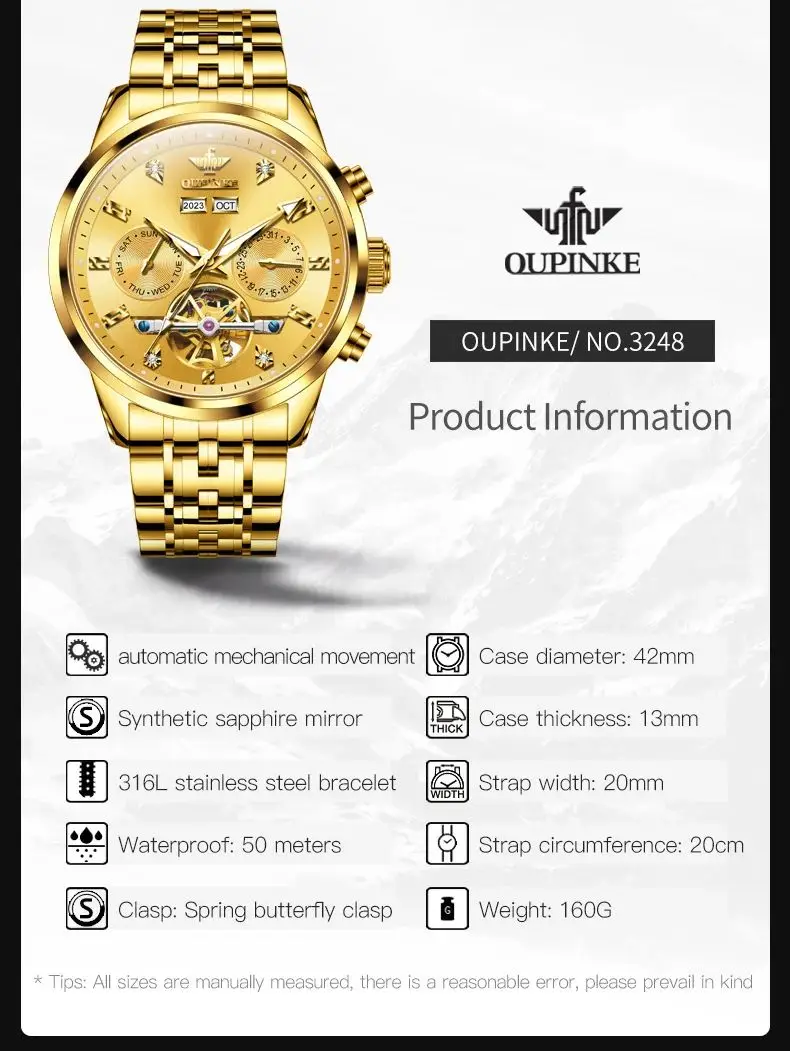 OUPINKE 3248 Skeleton Automatic Men's Watches Stainless Steel Original Luxury Multi-functional Mechanical Wrist Watches for Man