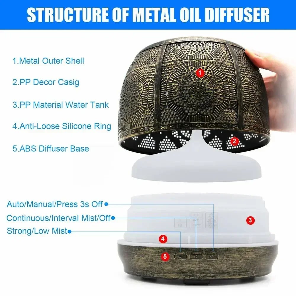 500ml Aroma Diffuser Bronze Metal Aromatherapy Diffuser for Essential Oil 7 Color Fragrance Lamp Humidifier for Baby Office Home 5