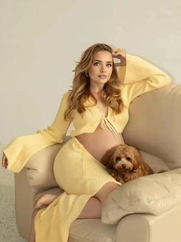 Maternity Two Piece Outfit Tie Front Bell Sleeve Crop Top Maxi Skirt Pregnancy Photoshoot Outfit Knit Maternity Photography Set