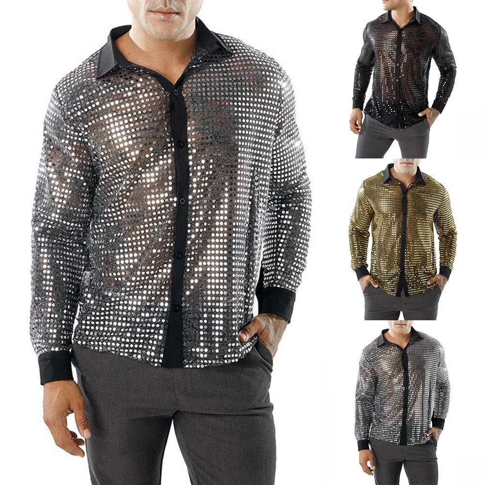 Retro 70s Disco Nightclub Shirts  Men's Sparkly Sequins Party Dance Tops  Long Sleeve  Shiny Silver/Gold/Black