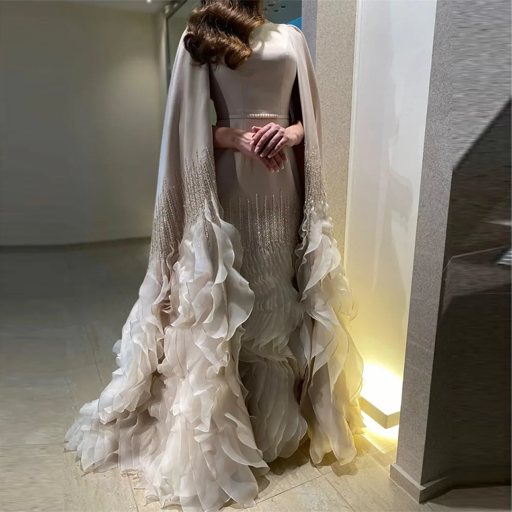 

Exquisite Evening Dresses Beading Ruffle Court Train Prom Gown Scoop Collar Pleat Elegant Party for Women فساتين السهرة