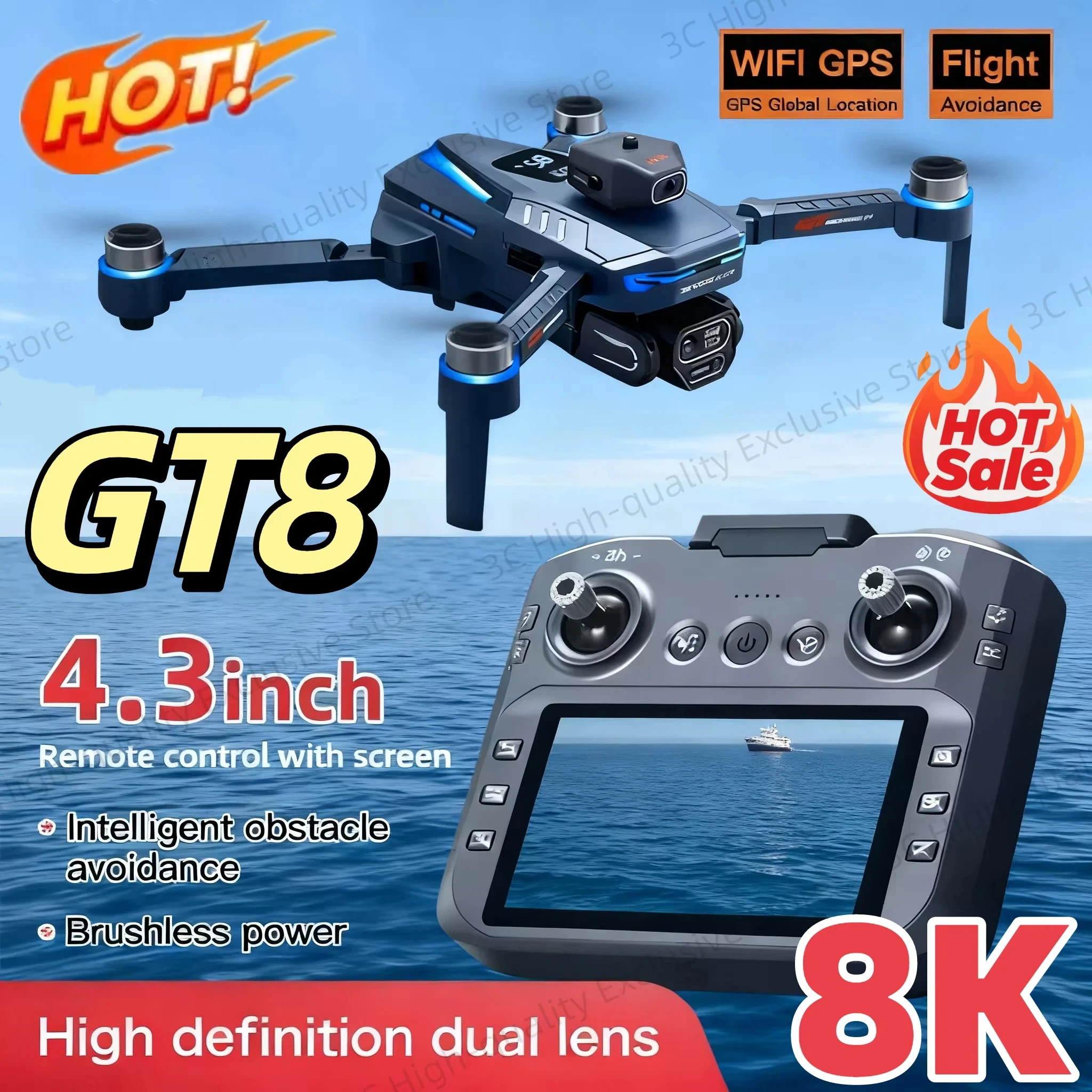 Drone GT8 6K Avec écran 4,3 Pouces – 3 Batteries – Moteur Brushless – Évitement D'obstacles – FPV – Pliable