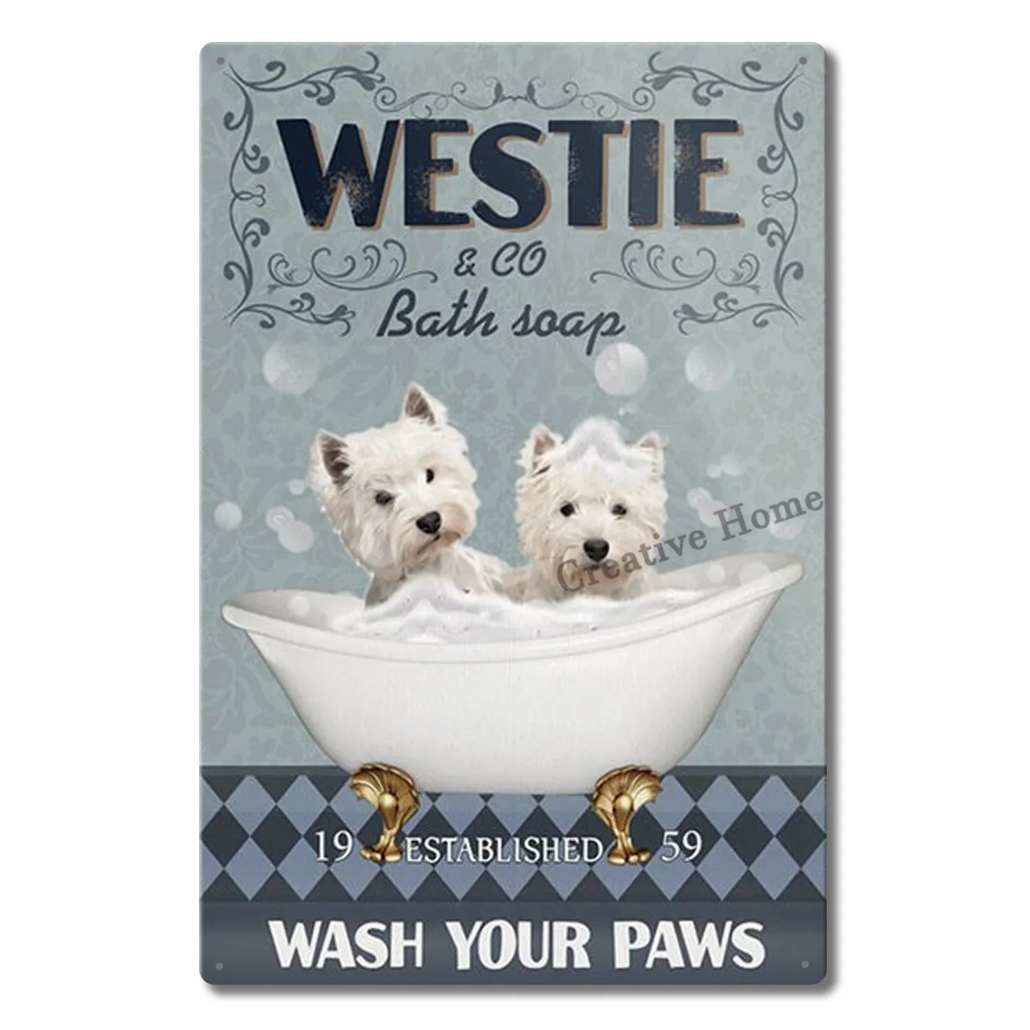 Description Picture 4 of itemWestie White Terrier Dog Metal Sign &Co. Bath Soap Wash Your Paws Vintage Plaque Poster Tin Sign Wall Decor Metal Decoration