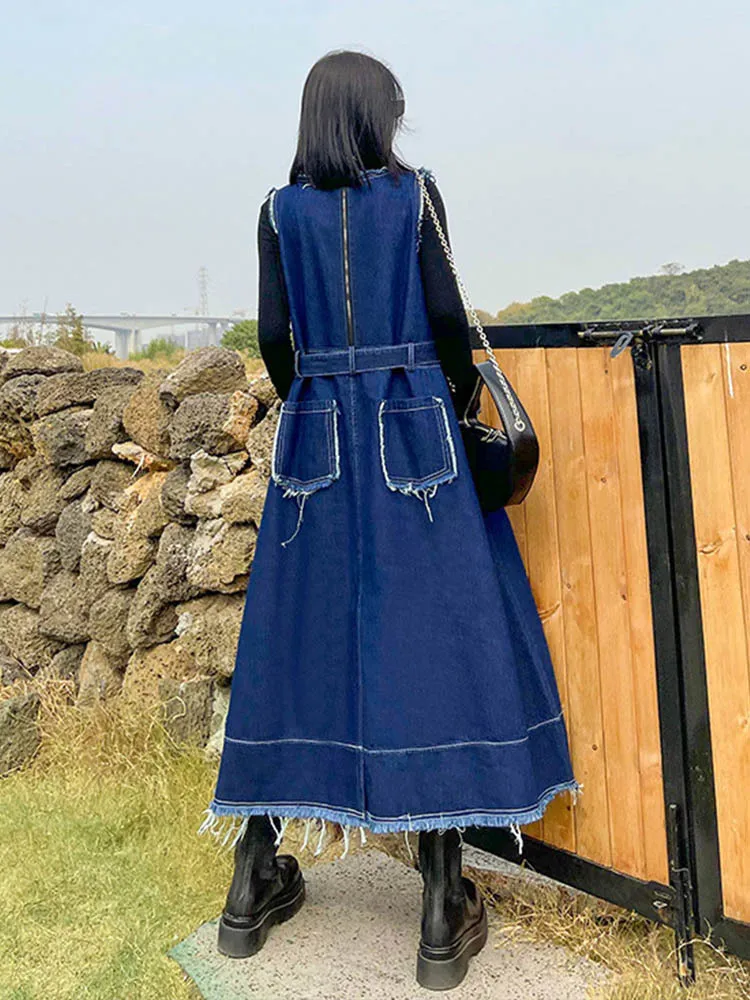 Amax luluE Korean Luxury Fashion Spring Women Vintage Denim Vest Dress  Ladies Casual Sleeveless Vestido Female Oversized Clothes - AliExpress