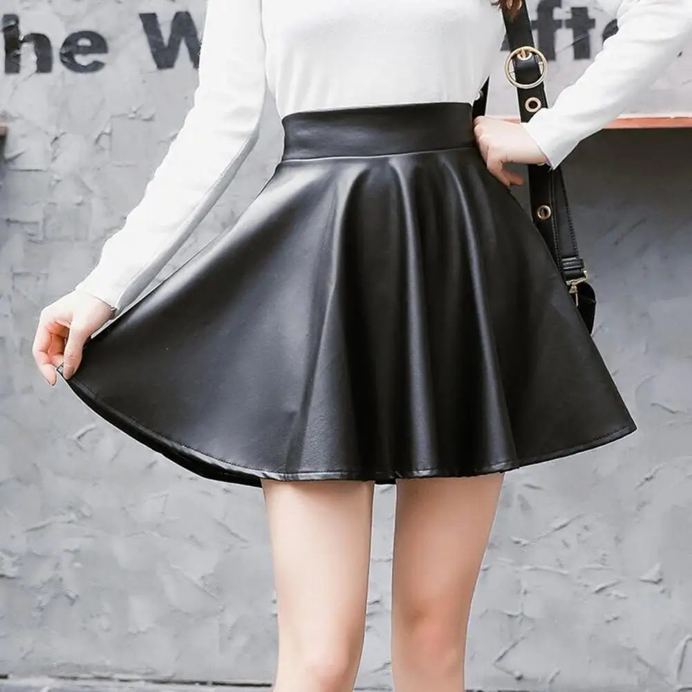 

Women Faux Leather Skirt High Waist Elastic Waist Pleated Skirt Above Knee Length Loose Hem Club Nightclub Mini Short Skir