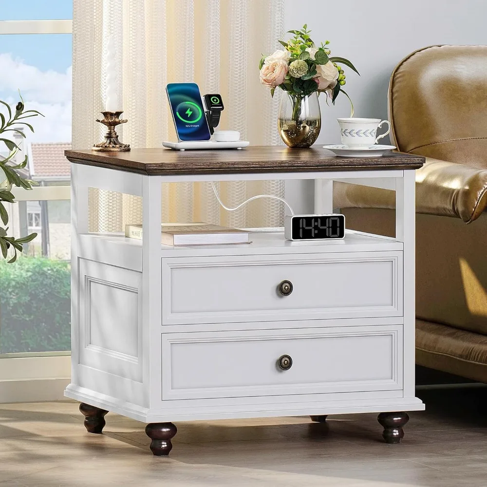 Nightstand Set of 2 with Charging Station, 24" Wide End Table with 2 Drawers, Dresser for Bedroom, Nightstands 2