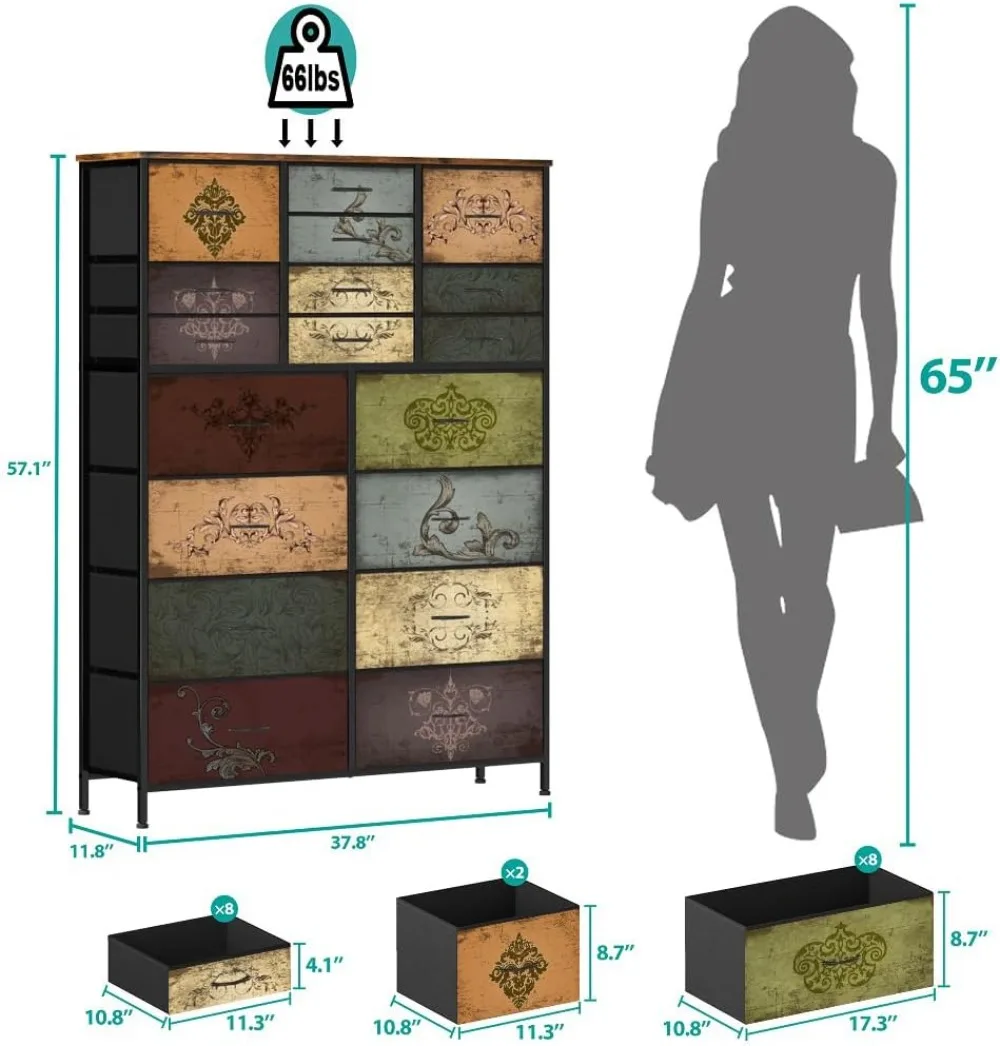 18 Drawer Tall Fabric Storage Dresser with Steel Frame, Waterproof Top for Bedroom Closet Nursery