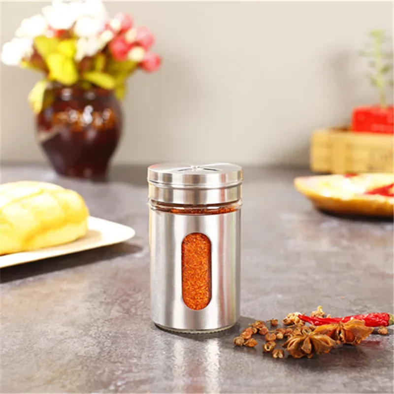 Glass Jars for Spices Bbq Spice Organizer Stainless Steel Kitchen Supplies Barbecue Seasoning Bottle Sugar Salt Pepper Shaker 6