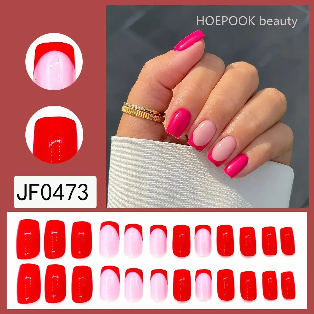 24pcs 프랑스어 간단한 체리 레드 원활한 이동식 착용 가짜 손톱 크리 에이 티브 라인 아트 손톱에 전체 범위 방수 프레스