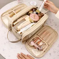 Multifunctional Makeup Bag For Women PU Leather Large Capacity Portable Double Zipper Travel Makeup Brush Toiletries Storage Bag