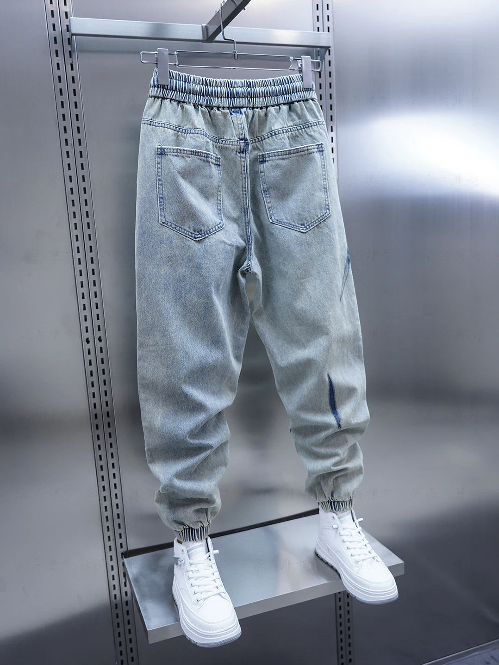 Fashionable Street Jeans Ripped Harem Pants Brand Men's Striped Embellished Pencil Trousers 4