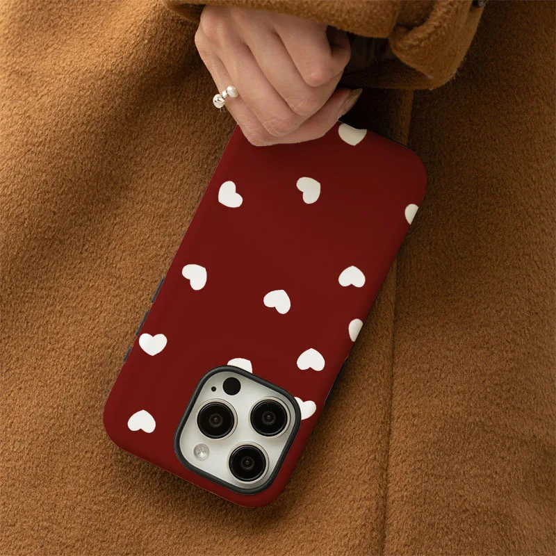 Love Heart Matte Grid Pattern Shockproof Phone Case with 2-in-1 Film Shell Bumper Cover