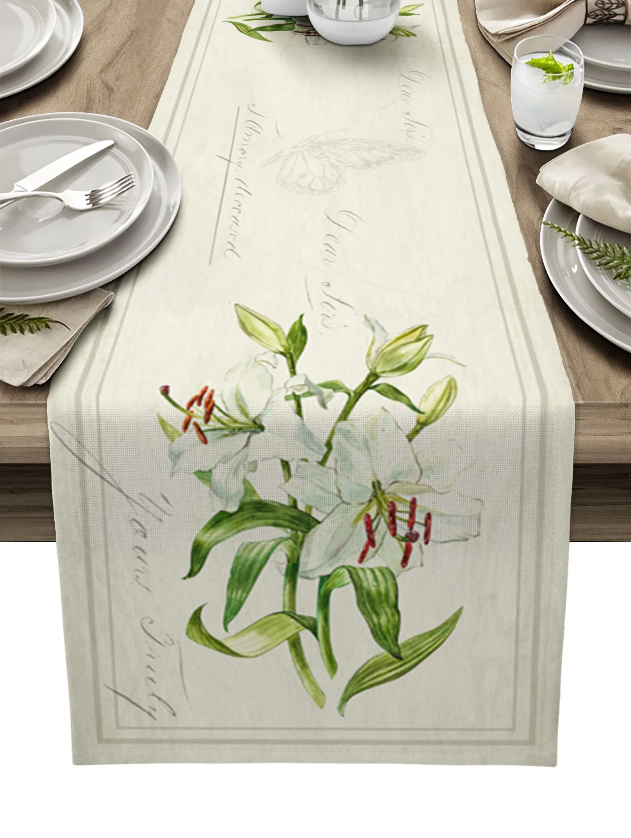 

Vintage Country Plants Lily Flower Linen Table Runner Kitchen Table Decoration Farmhouse Dining Tablecloth Wedding Party Decor