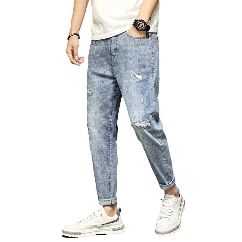 Pierced jeans men's spring and Autumn New Korean fashion small foot nine point pants straight autumn  handsome casual pants