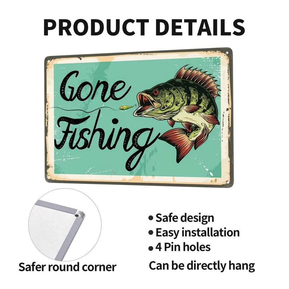 Krouterebs Plaque Rétro En Métal Avec Inscription « Fishing Happiness