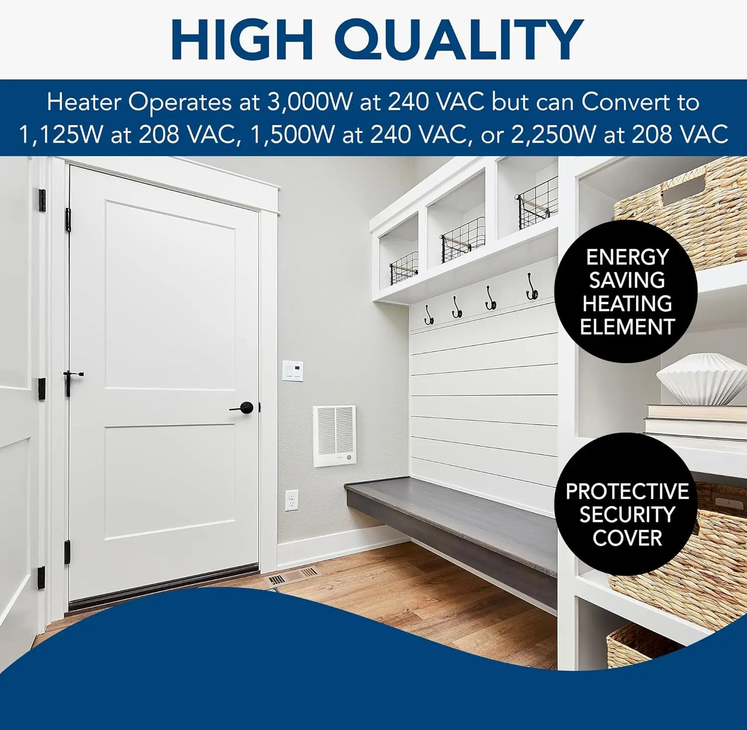 -NuTone 194 High Capacity Wall Heater, White Painted Grille, 3000/1500 Watt 240 VAC, Covers 300 sq. ft. at Factory Wired Voltage
