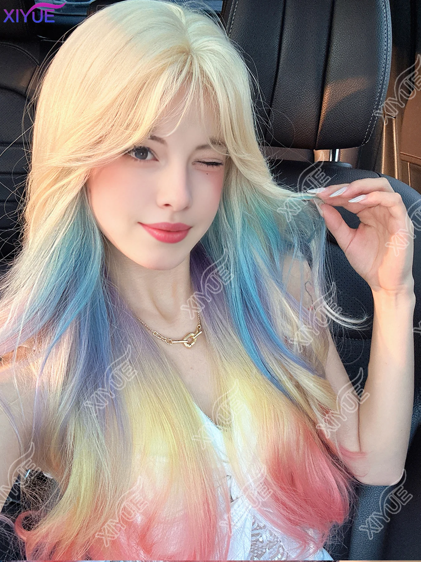 XIYUE Dopamine Girl Style Blonde Mix Multicolour Synthetic Wigs Middle Part Long Wavy Hair Wig For Women Cosplay Heat Resistant