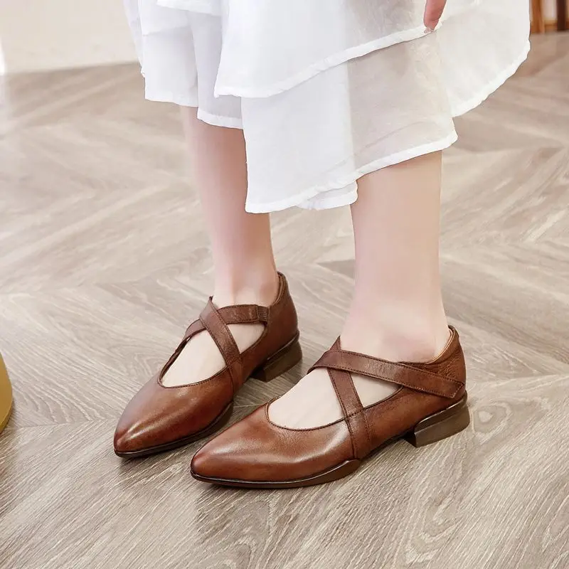 

2.8cm Genuine Leather Women Novelty Authentic Lady Elegance Ethnic Flats Shallow Comfy Hook Summer Retro Fashion Designer Shoes