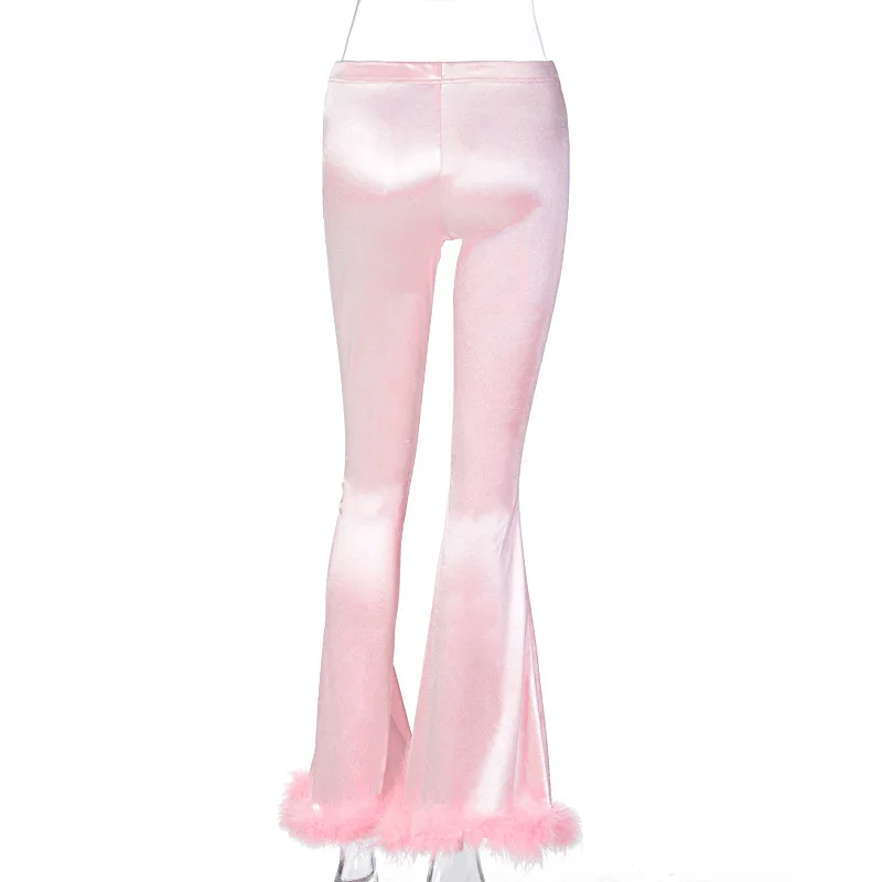 Faux Fur Fluffy Satin Ladies Flared Pants High Waist Flared Pants Bodycon Sexy Autumn and Winter Bottoms Women Pink Trousers