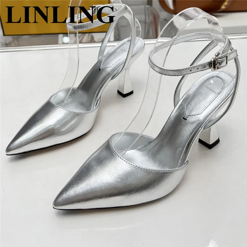 

New Women High Heel Summer Sandals 2023 Designer Leather Pointed Toe Female Wedding Pumps Ladies Buckle Ankle Strap Party Shoes