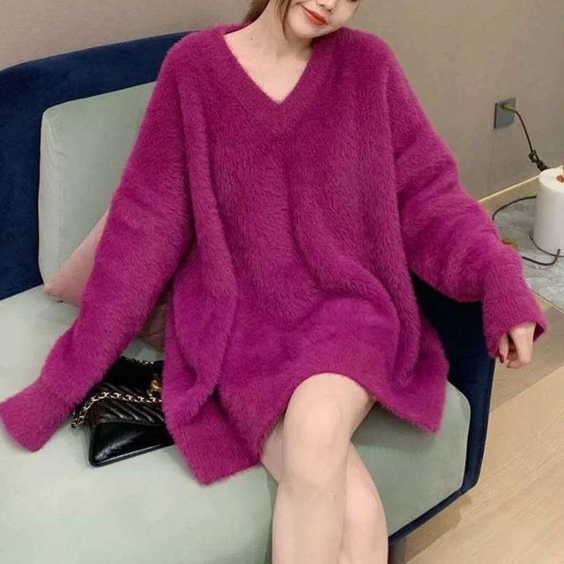 

Hsa 2023 Thick Solid Tops Imitation Mink Velvet V-neck Knitted Pullover Sweater Women Autumn Winter Soft Midi Knitted Sweater