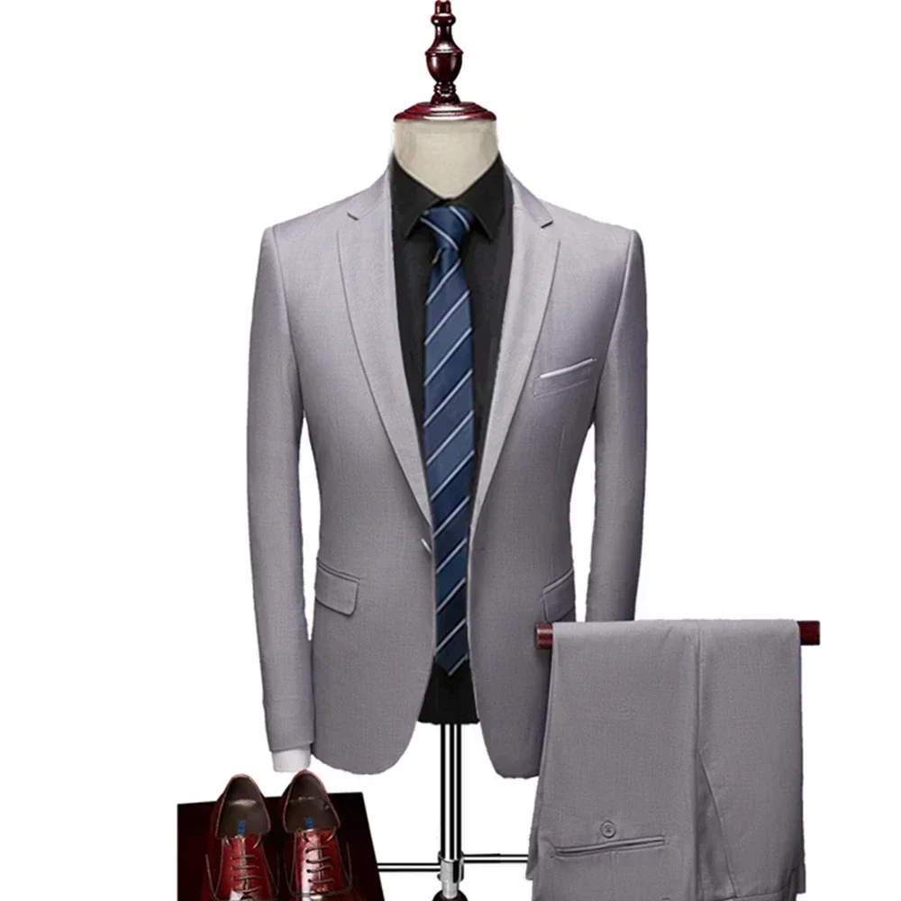 Spring Autumn Fashion New Men's Business Casual Solid Color Suits / Male One Button Blazers Jacker Coat Trousers Pants