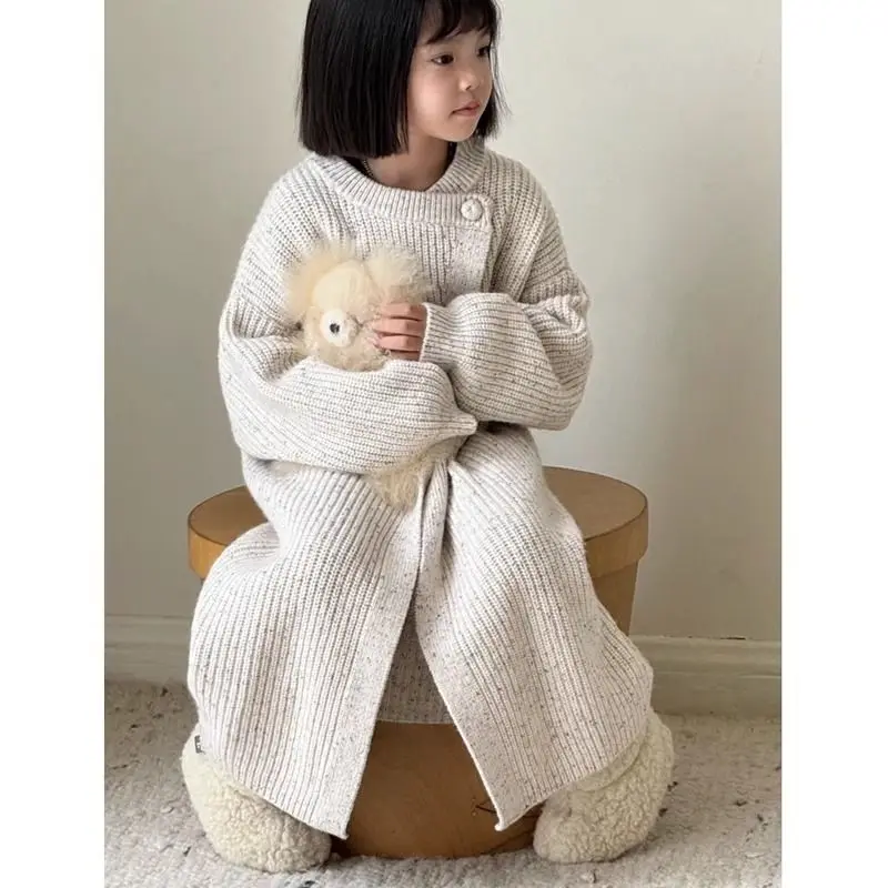 여아용 신상 롱 스웨터 2025 한국 유행 아동 니트 가을 신상 캐주얼 데일리룩 시크 디자인 중간 길이 가디건 코트