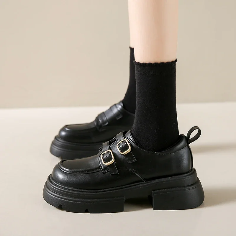 2023 스퀘어 힐 여성용 신발, 스퀘어 헤드 블랙 캐주얼 단색 메리 제인 버클 여성용 신발, 새로운 패션